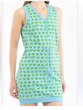 Moschino Aqua Green Sleeveless V‑Neck Drawstring Mini Dress